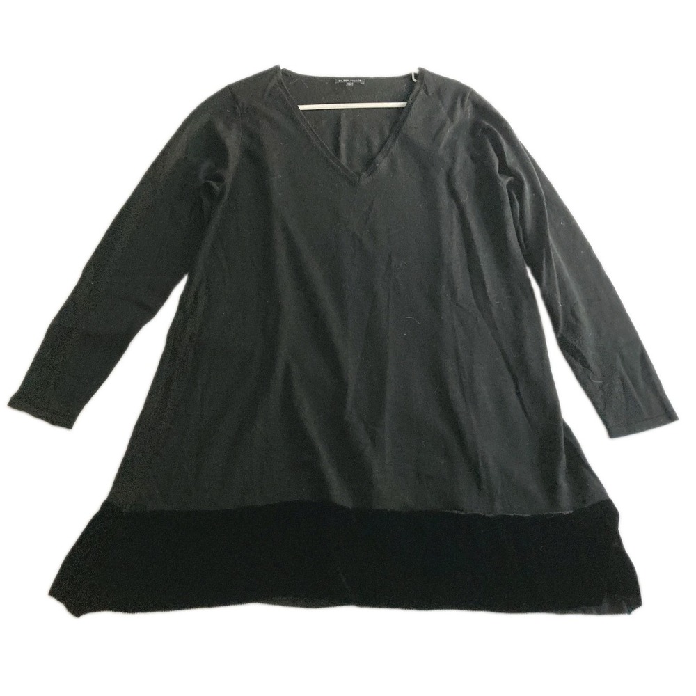 Eileen Fisher Tunic Women L Vneck Merino Wool Viscose/Silk Velvet Hem Trim EUC